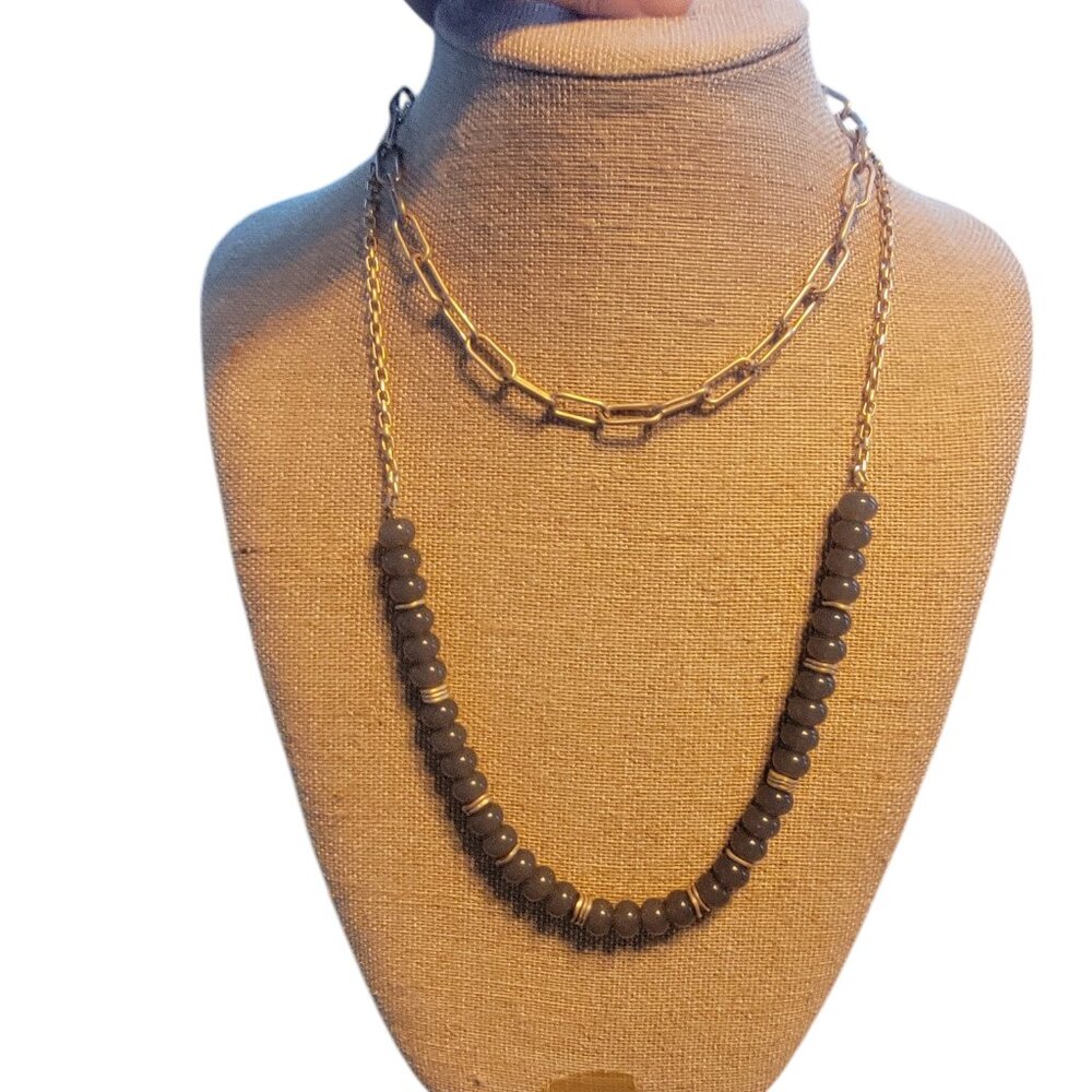 Meghan Browne Style Dot Gray Layered Look Bead & Chain Necklace